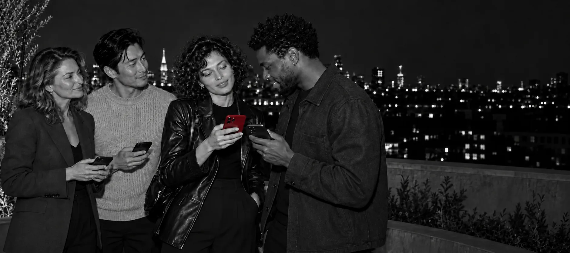 One person holding up their phone to be scanned at a rooftop bar